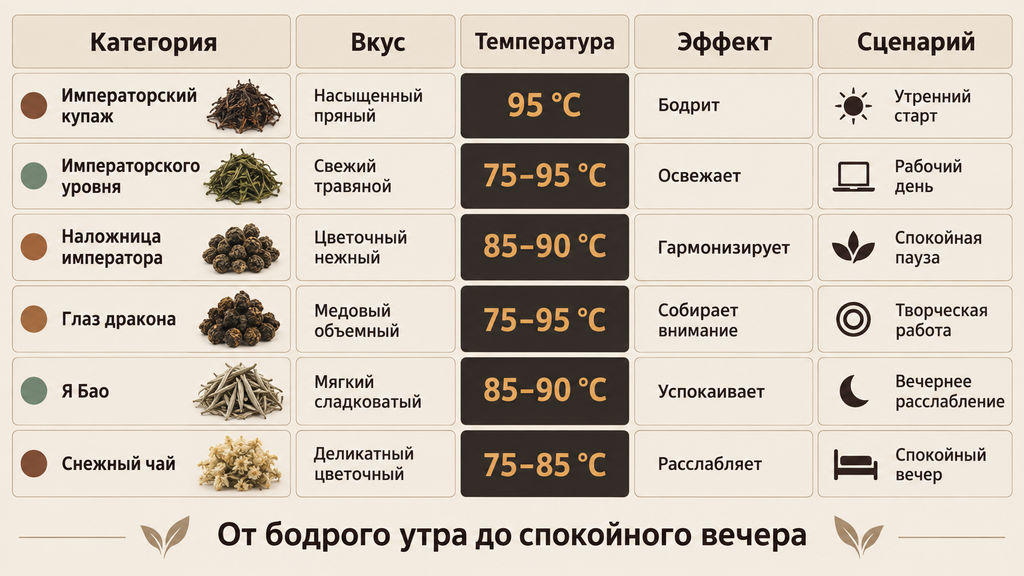 Сравнительная таблица пяти видов чая: императорский, наложница императора, глаз дракона, я бао и снежный чай. Гид по выбору напитка под вкус, температуру заваривания и эффект для разных сценариев дня.
