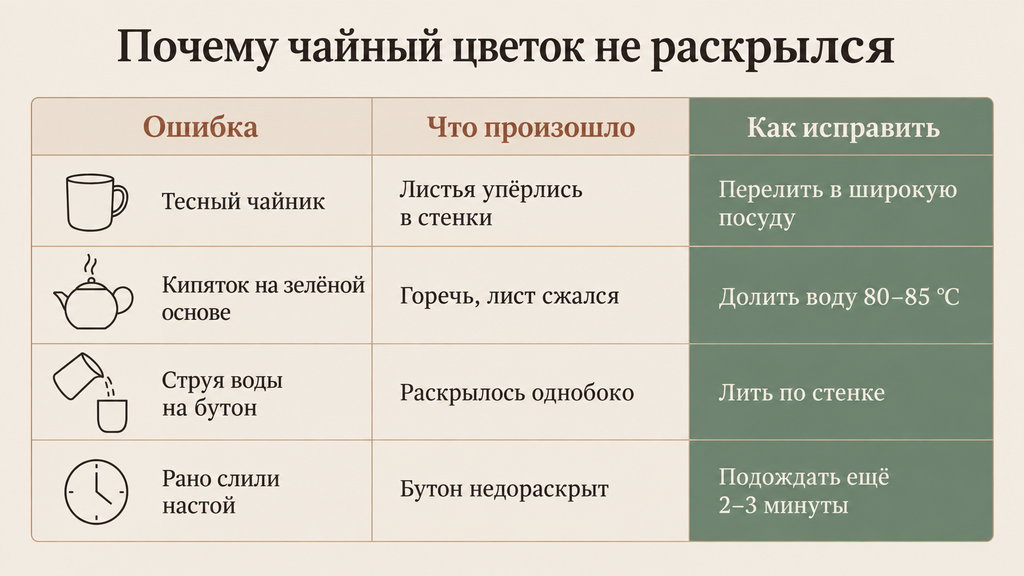 Схема ошибок при заваривании цветочного чая: 4 причины, почему бутон не раскрылся, и как их исправить