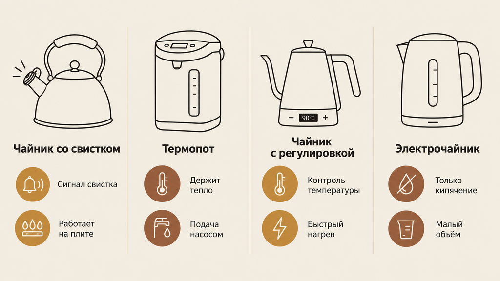 Четыре прибора для приготовления горячей воды на нейтральном фоне с подписями: держит тепло, контроль температуры, сигнал свистка