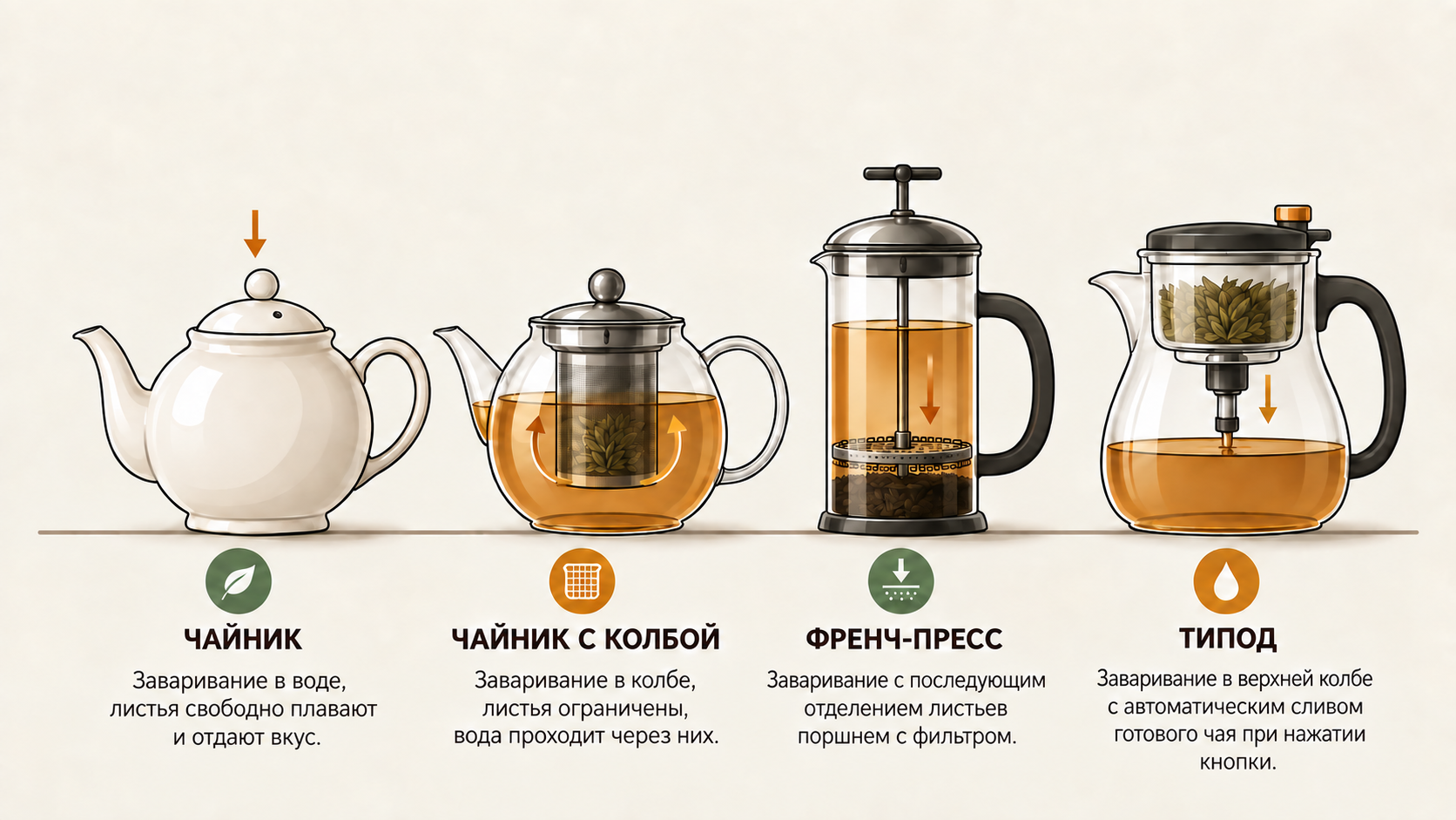 Четыре типа заварочных чайников: классический, с фильтром-колбой, френч-пресс и гунфу — схема принципов заваривания