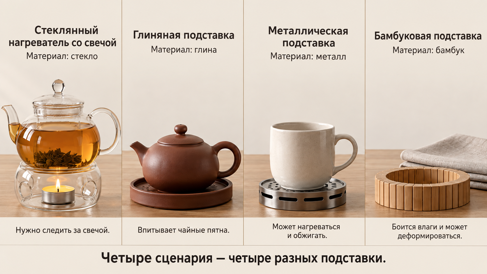 Четыре кадра с чайниками на теплозащитных подставках: стеклянной, керамической, металлической и бамбуковой. Сравнительный обзор