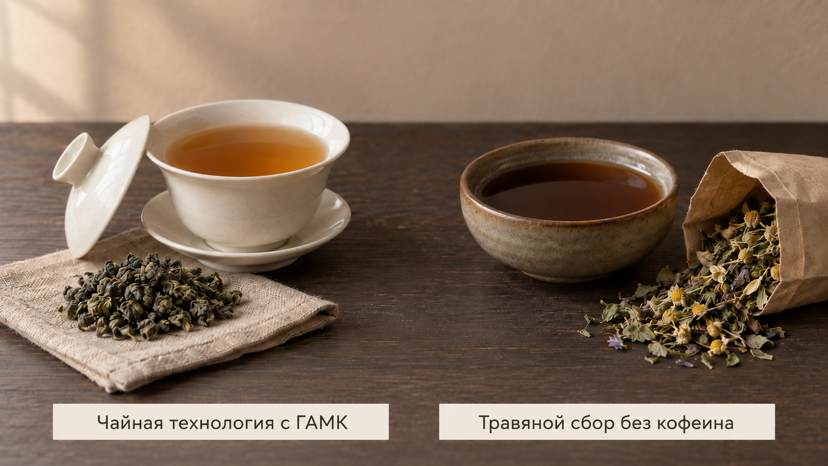 Габа улун и травяной сбор «Здоровый сон» рядом в одинаковой посуде: слева янтарный настой габа с закрученным листом, справа тёмный травяной напиток с пакетиком трав для разного вечернего отдыха.