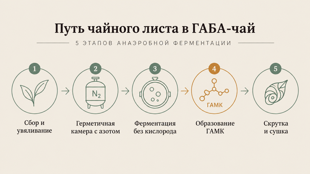 Схема производства габа-чая: 5 этапов анаэробной ферментации от сбора листьев до формирования ГАМК в камере с азотом