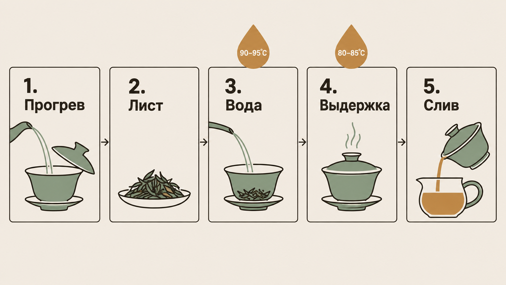 Схема заваривания чая в гайване с носиком: пять пронумерованных шагов от прогрева посуды до слива настоя в чахай с янтарными акцентами