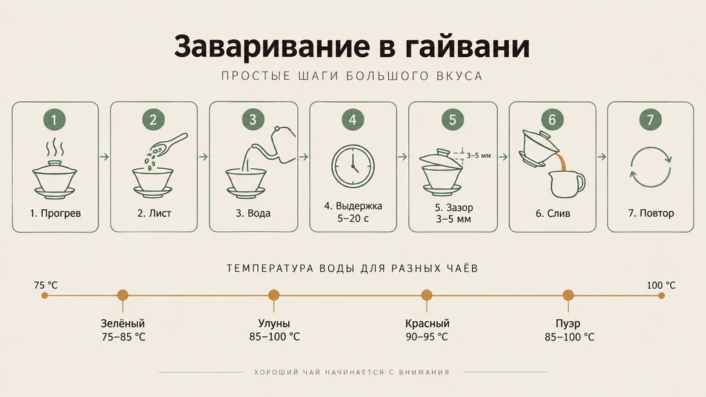 Схема заваривания чая в гайвани: семь шагов, параметры первого пролива и шкала температур для разных видов чая