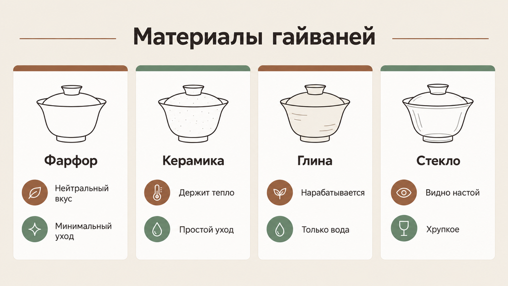 Сравнение материалов гайваней: фарфор, керамика, глина и стекло с пиктограммами и характеристиками вкуса, удержания тепла и ухода