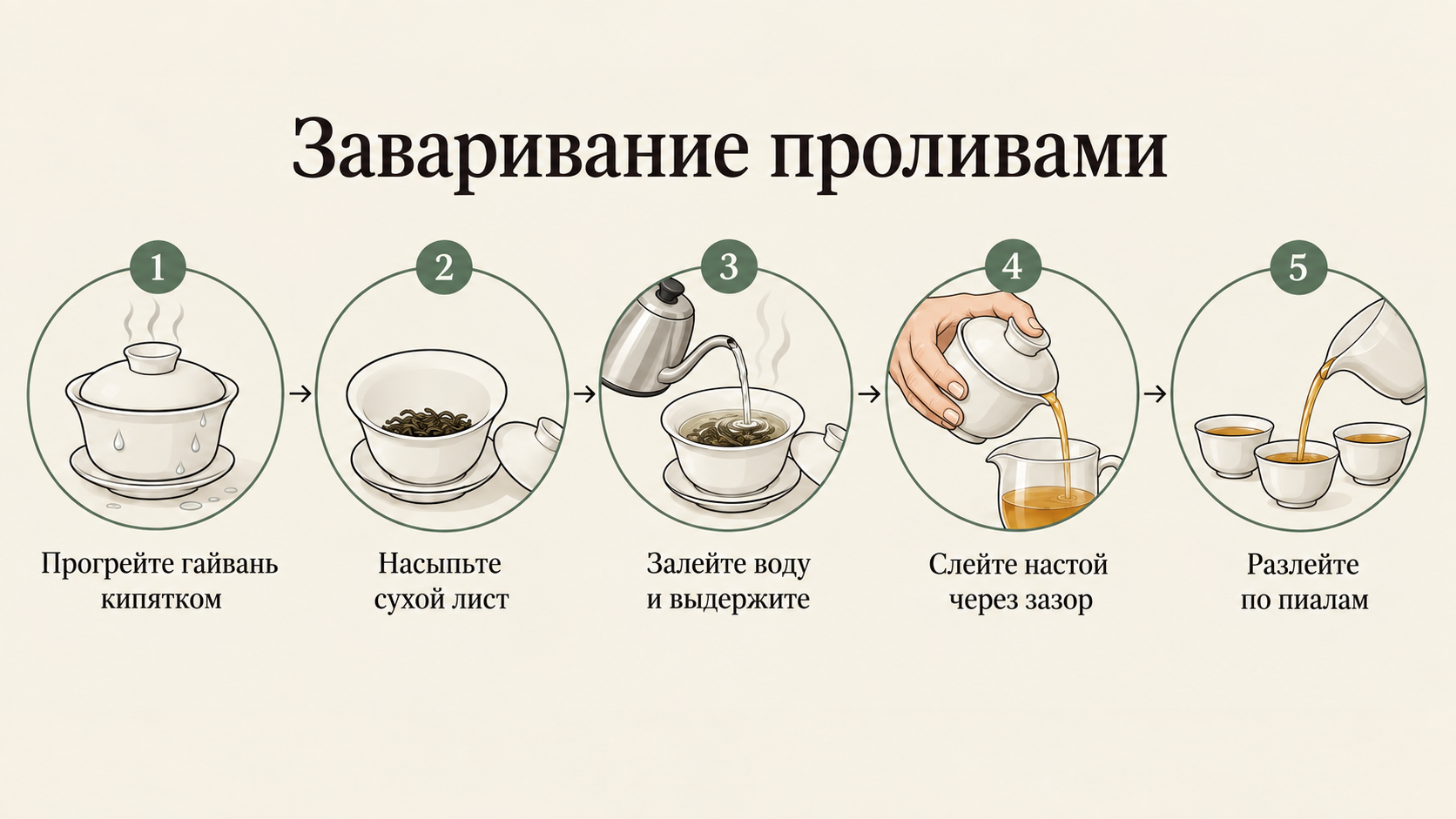 Пошаговая схема заваривания чая проливами: гайвань, чахай и пиалы с точками контакта пальцев