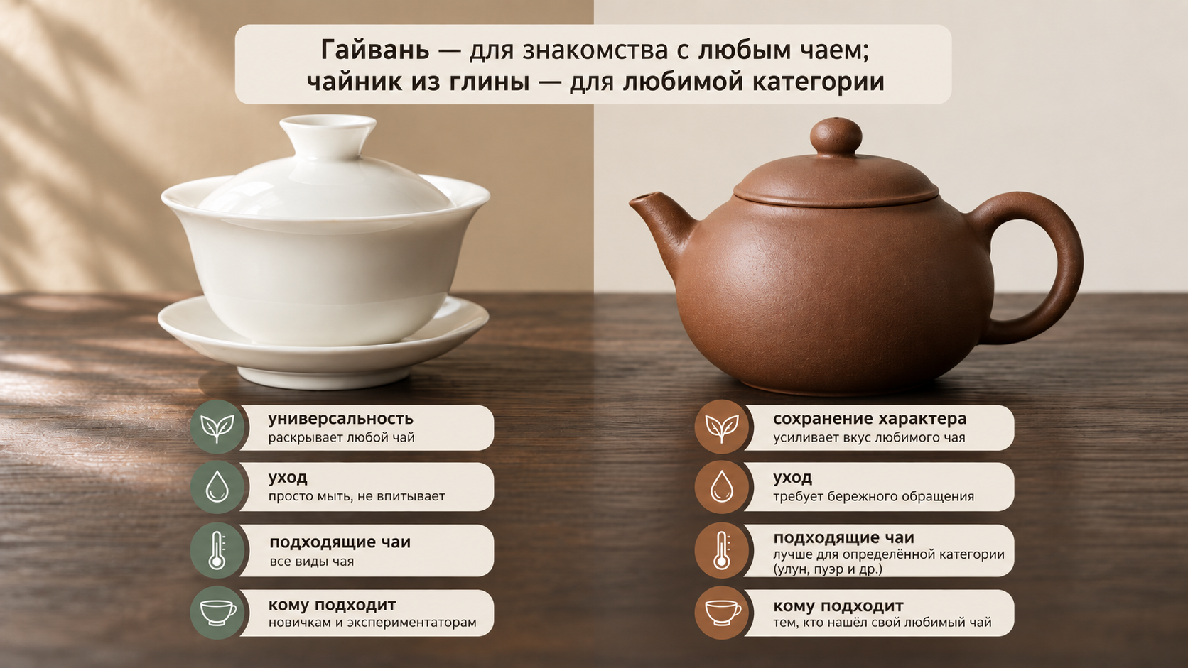 Сравнение фарфоровой гайвани и исинского чайника с карточками свойств: универсальность, уход, подходящие чаи