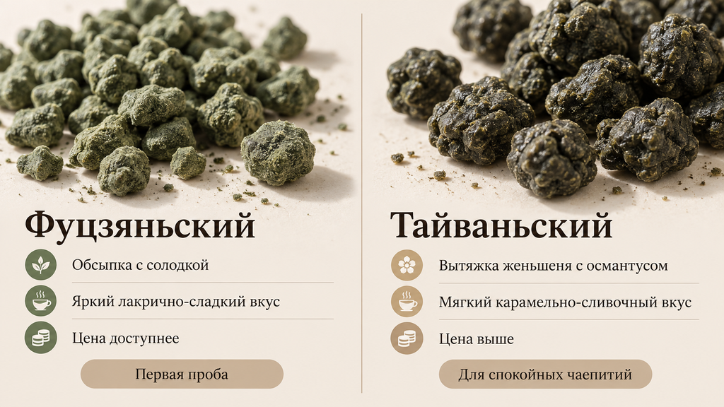 Сравнение двух видов женьшеневого улуна: макроснимки сухих гранул фуцзяньского и тайваньского сортов с визуальными подсказками по вкусу, обработке и цене