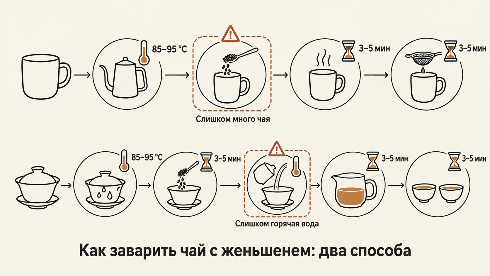 Инфографика: как заварить чай с женьшенем в кружке и гайване. Пошаговая схема с температурой, временем и типичными ошибками