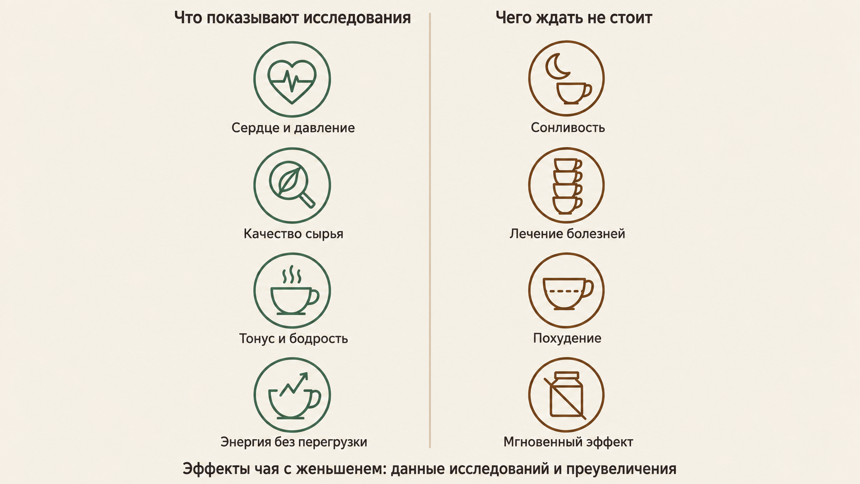 Инфографика: научно подтверждённые эффекты чая с женьшенем против маркетинговых преувеличений. Две колонны с минималистичными иконками.