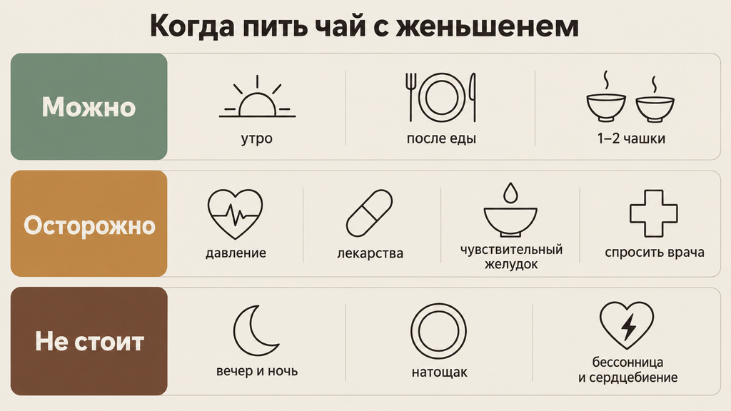 Светофор употребления чая с женьшенем: когда пить можно, когда с осторожностью и когда не стоит