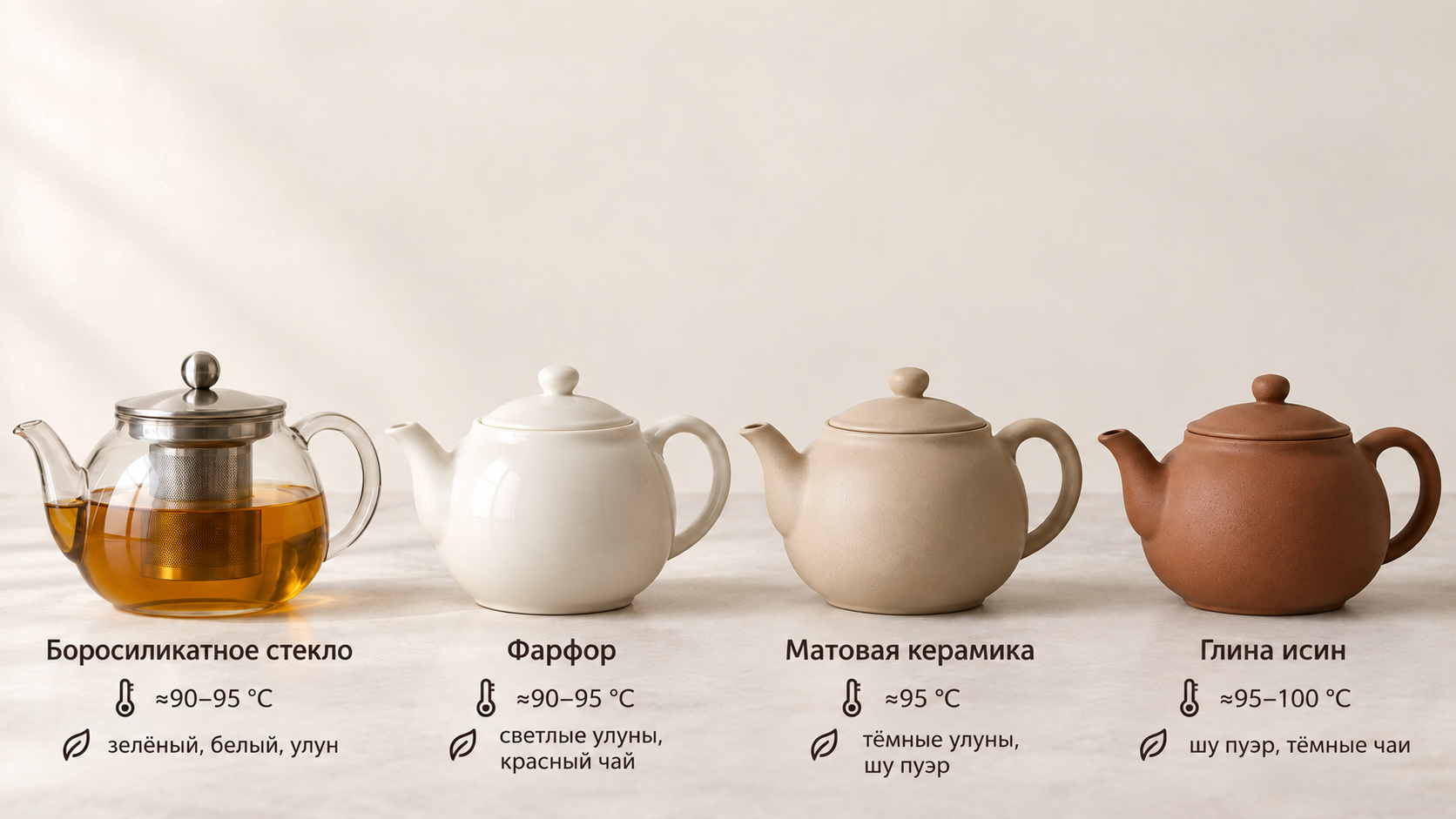Четыре чайника из стекла, фарфора, керамики и глины в ряд с маркировкой температурных режимов и подходящих видов чая