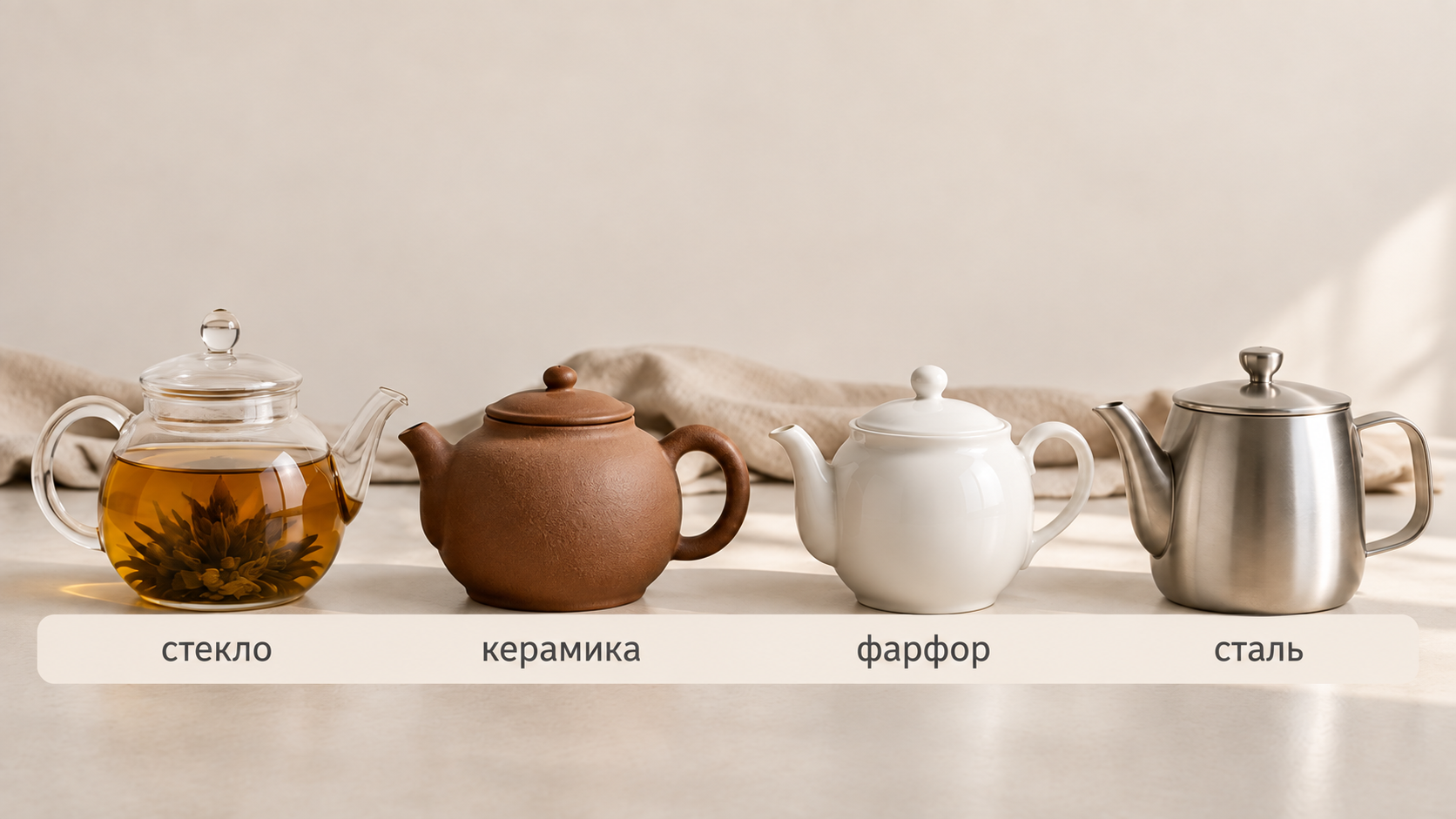 Четыре заварника из стекла, керамики, фарфора и нержавеющей стали в ряд при боковом дневном свете с подписями для наглядного сравнения фактур материалов