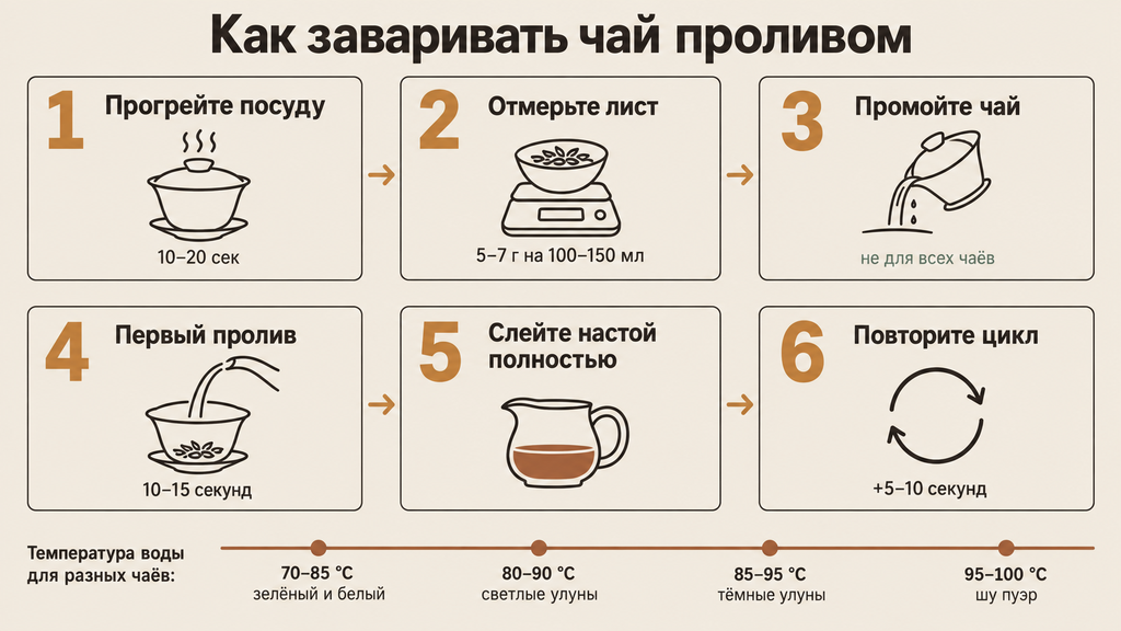 Пошаговая инфографика заваривания китайского чая гунфу методом пролива. Схема показывает прогрев посуды, дозировку листа, промывку, тайминг проливов, слив в чахай и температурную шкалу для разных видов чая.