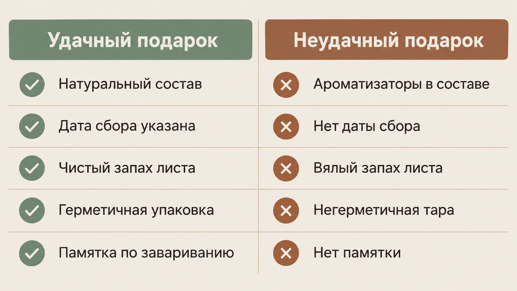 Карточка сравнения качественного и некачественного чайного подарка по пяти признакам