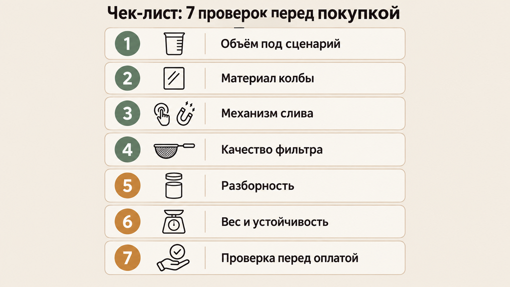 Чек-лист из семи пунктов для выбора проливного чайника с иконками проверки объёма, материала колбы, фильтра и устойчивости