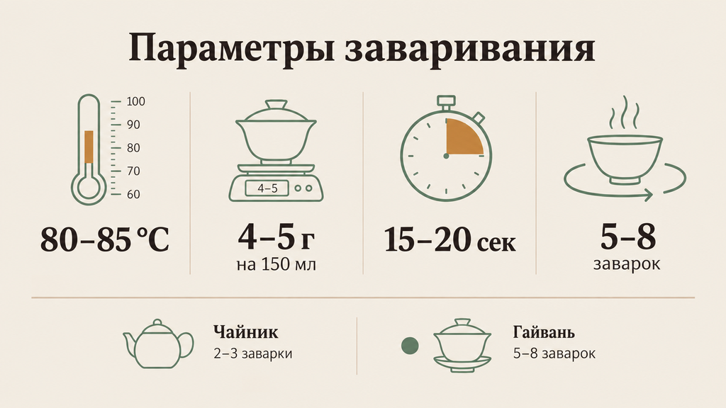 Карточка с параметрами заваривания зеленого чая Жемчужина: температура 80-85 градусов, дозировка, время настаивания и схема сравнения чайника и гайвани