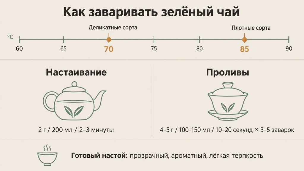 Схема заваривания зелёного чая с температурой, пропорциями и временем