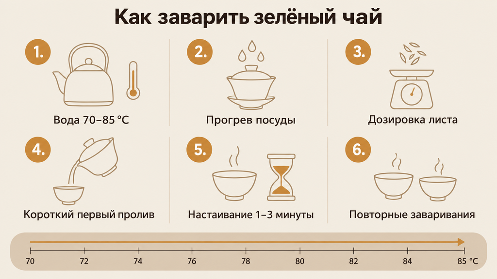 Схема заваривания зелёного чая в шесть шагов с указанием температуры воды 70–85 °C и иллюстрациями чайной посуды
