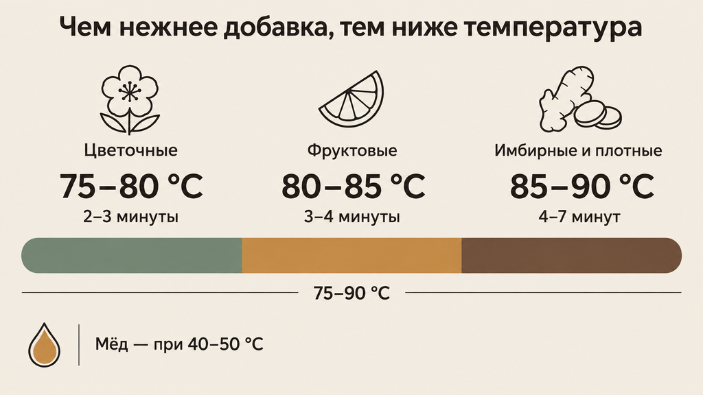 Шкала заваривания зелёного чая с добавками: температурные зоны 75–90 °C, время настаивания для цветочных, фруктовых и плотных купажей с отдельным маркером для мёда