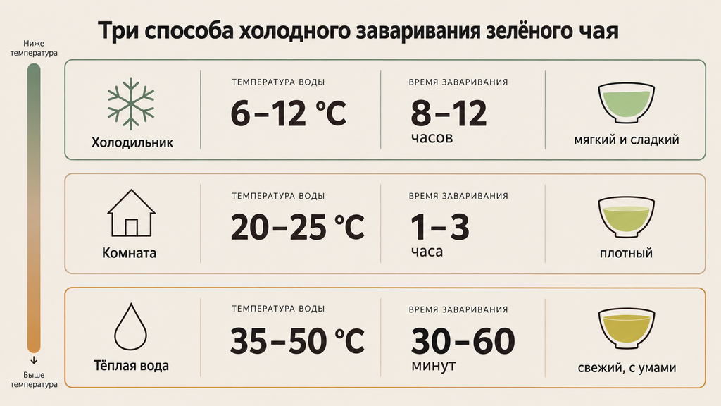 Инфографика сравнения трёх способов холодного заваривания зелёного чая по температуре и времени