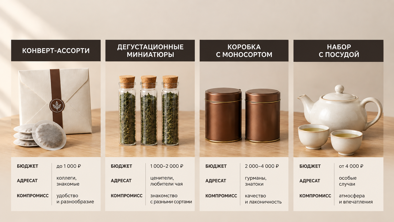 Четыре формата подарочных наборов зелёного чая и их компромиссы по бюджету и адресату