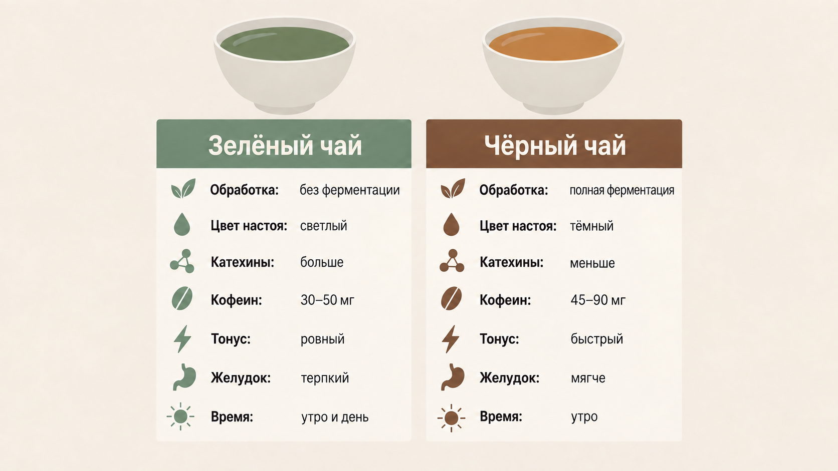 Сравнение зелёного и чёрного чая: две карточки с ключевыми отличиями по обработке, составу и свойствам, в центре — две пиалы с настоем нефритового и янтарного оттенка.