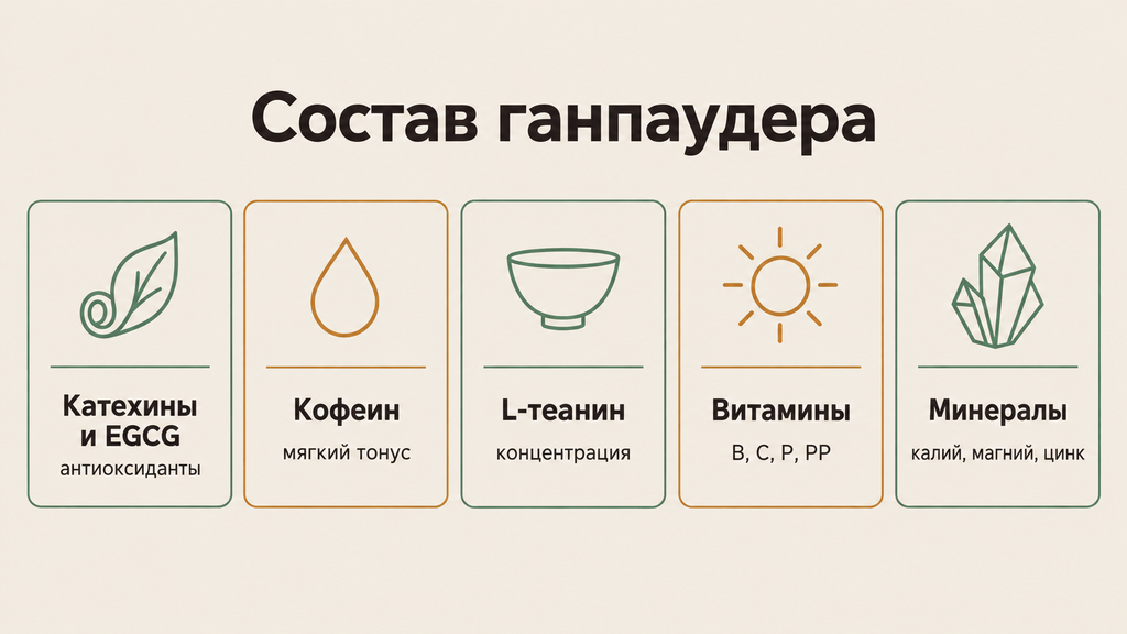 Инфографика состава зелёного чая Ганпаудер: катехины, EGCG, кофеин, L-теанин, витамины и минералы с пояснением роли каждого компонента