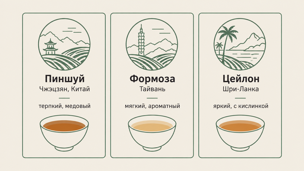Карточка-сравнение трёх видов чая ганпаудер: китайский Пиншуй, тайваньская Формоза и цейлонский с пиктограммами и характеристиками вкуса, терпкости и цвета настоя