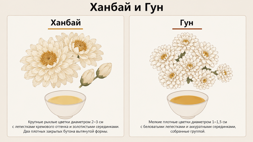 Сравнение сортов чая Ханбай и Гун: сухие листья и цвет настоя в одинаковых пиалах