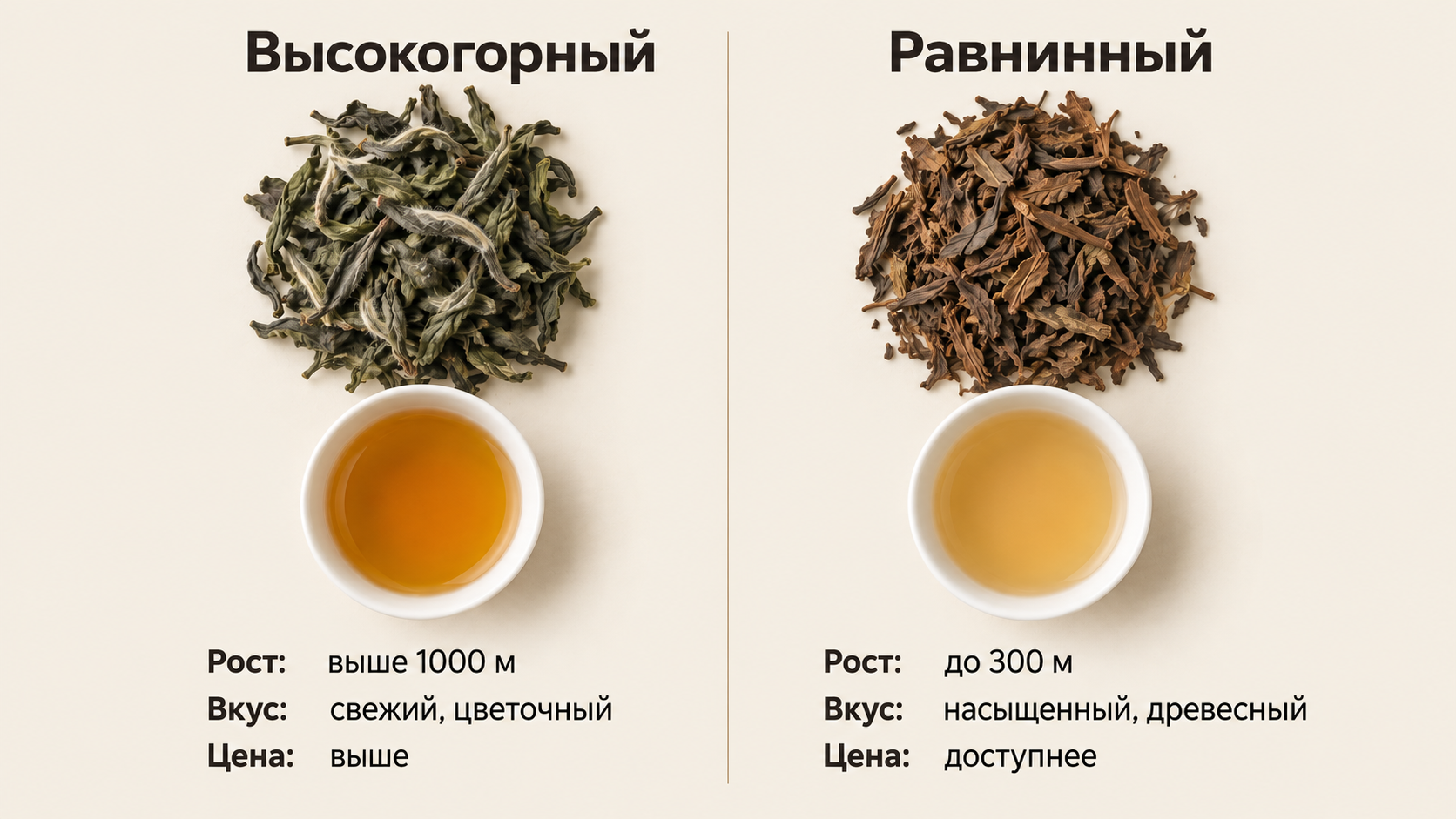 Визуальное сравнение высокогорного и равнинного чая: различия в форме сухого листа, прозрачности настоя и вкусовом профиле