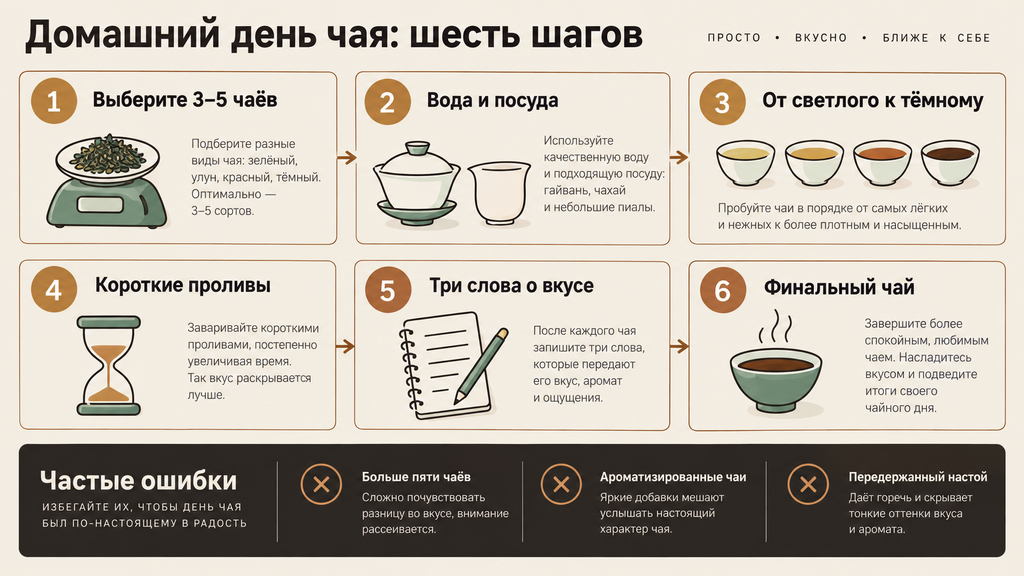 Чек-лист из шести шагов домашней дегустации чая с иконками посуды и блоком частых ошибок