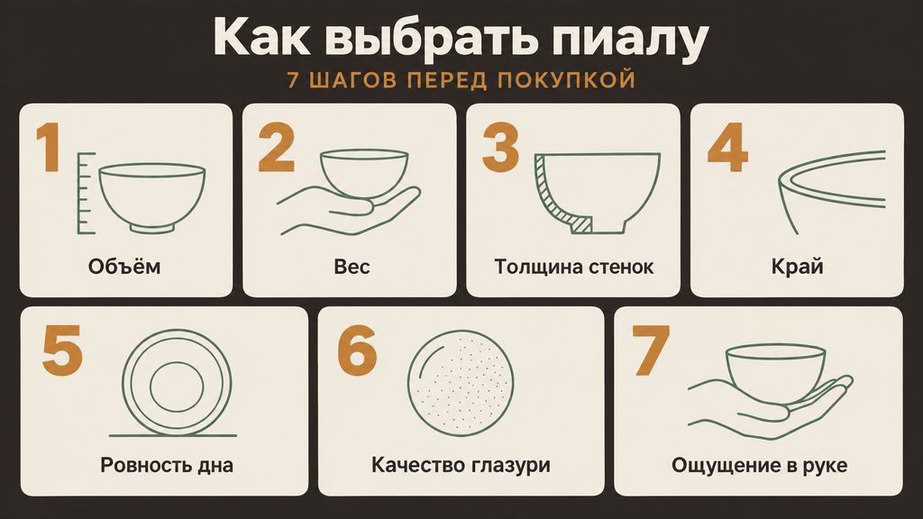 Чек-лист: как выбрать пиалу за 7 шагов — проверка объёма, веса, стенок, края, дна, глазури и ощущений в руке