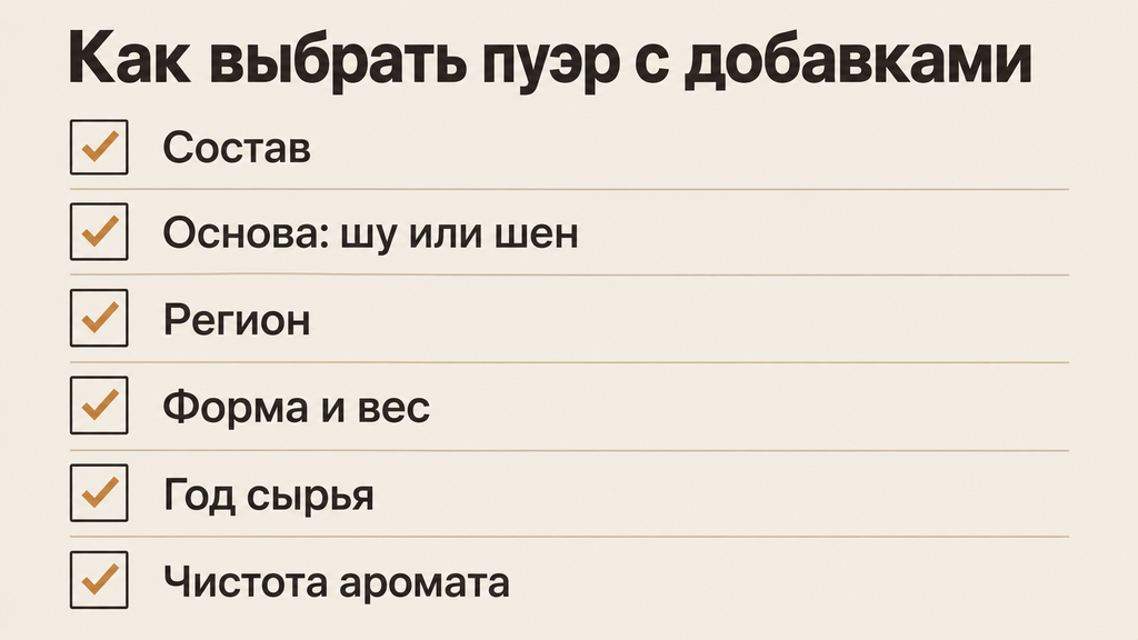 Чек-лист с шестью пунктами для проверки при покупке пуэра с добавками