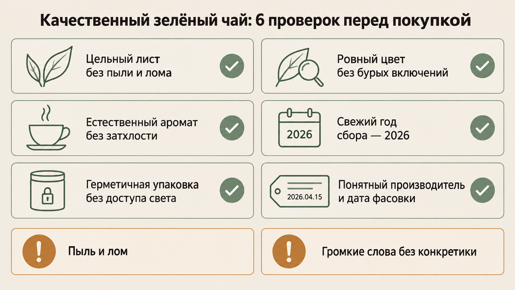 Инфографика: чек-лист критериев выбора качественного зеленого чая перед покупкой