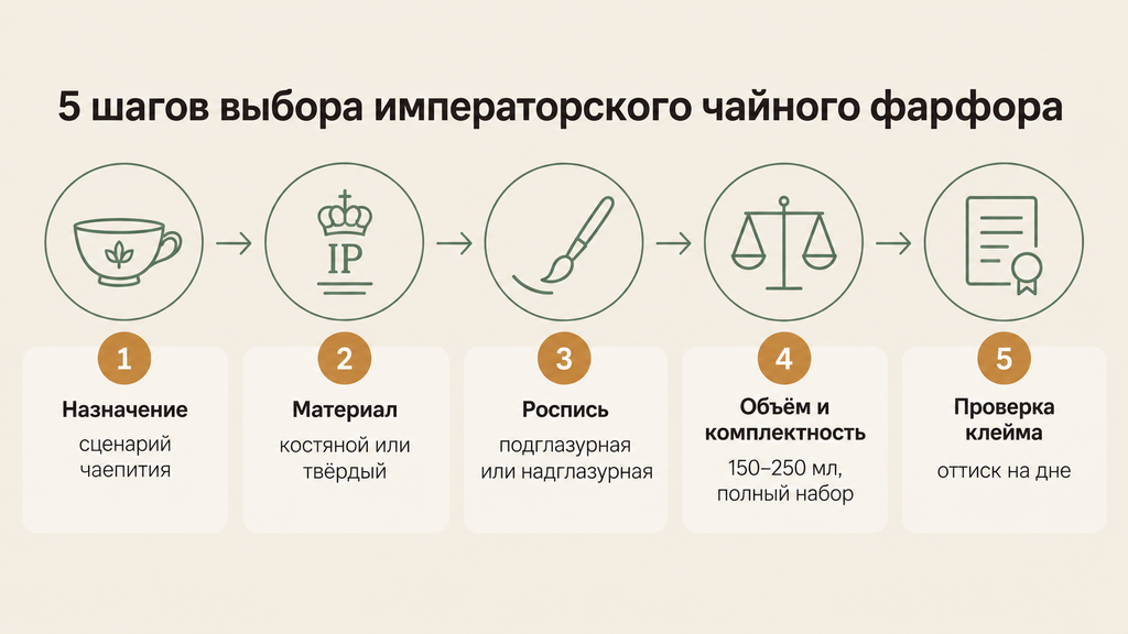 Инфографика: чек-лист из пяти пронумерованных шагов выбора императорского чайного фарфора с иконками и пояснениями на светлом фоне