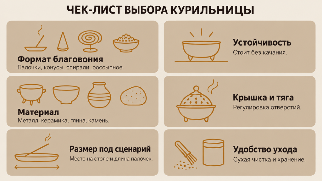 Чек-лист выбора курильницы для благовоний по шести критериям формат устойчивость материал крышка тяга размер и удобство ухода