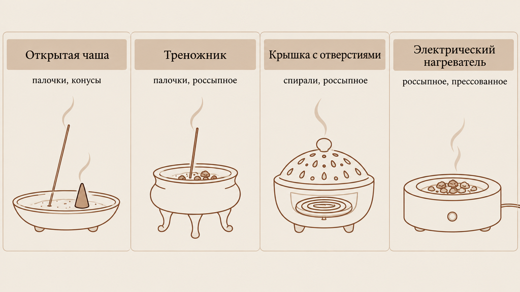 Четыре основных вида курильниц для благовоний рядом с подписями подходящего формата: открытая чаша, треножник, с перфорированной крышкой и электрический нагреватель