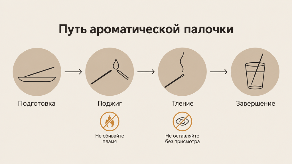 Схема «Путь ароматической палочки»: четыре этапа — подготовка, поджиг, тление и тушение. Наглядная инструкция по правильному использованию благовоний.