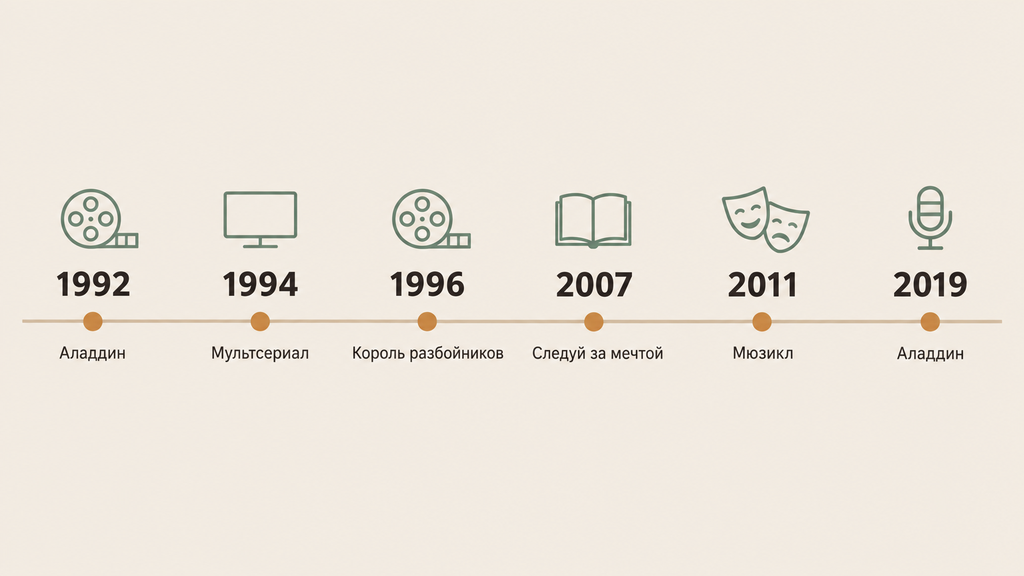Хронология появлений Жасмин на экране: горизонтальная временная шкала с ключевыми проектами от мультфильма 1992 года до фильма 2019 года и мюзикла.