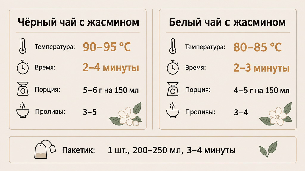Памятка по завариванию чёрного и белого чая с жасмином: температура, время, пропорции и инструкция для пакетика