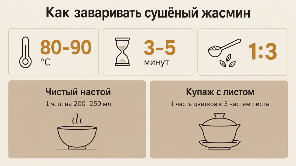 Карточка с параметрами заваривания сушёного жасмина: температура воды, время, пропорции для чистого настоя и купажа с чайным листом.