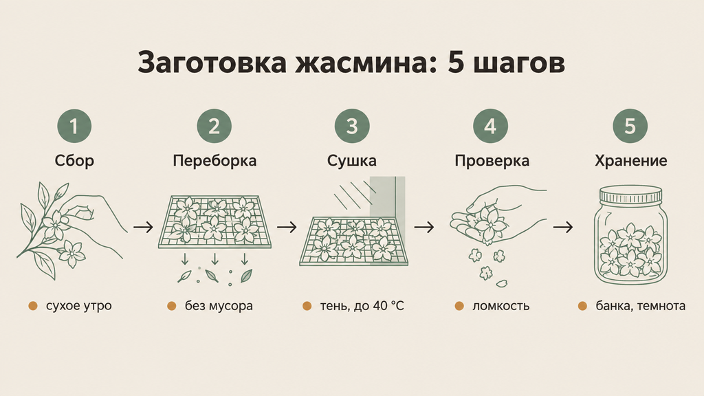 Схема пяти этапов заготовки жасминового чая: сбор, переборка, сушка и хранение