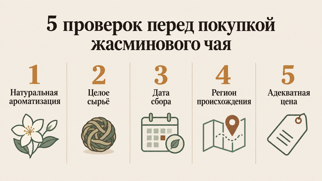 Компактный чеклист с пятью критериями выбора качественного жасминового чая для покупателя