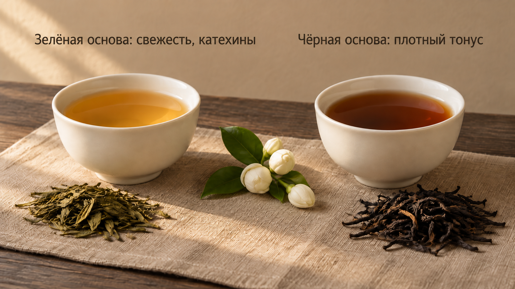 Сравнение настоев зелёного и чёрного чая с жасмином: два оттенка в пиалах с листом и бутонами