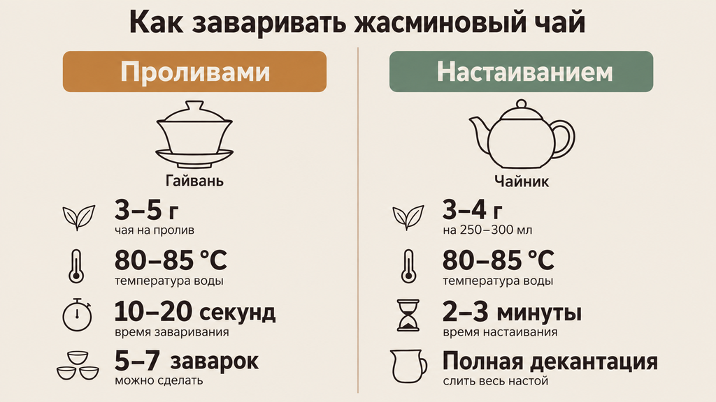 Две схемы заваривания жасминового чая: проливами в гайвани и настаиванием в чайнике с ключевыми параметрами температуры и времени