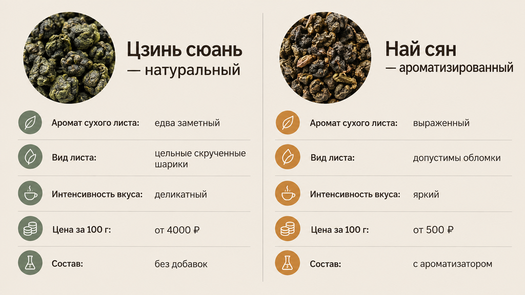 Сравнительная иллюстрация натурального цзинь сюань и ароматизированного най сян: как отличить молочные улуны по аромату, составу и цене