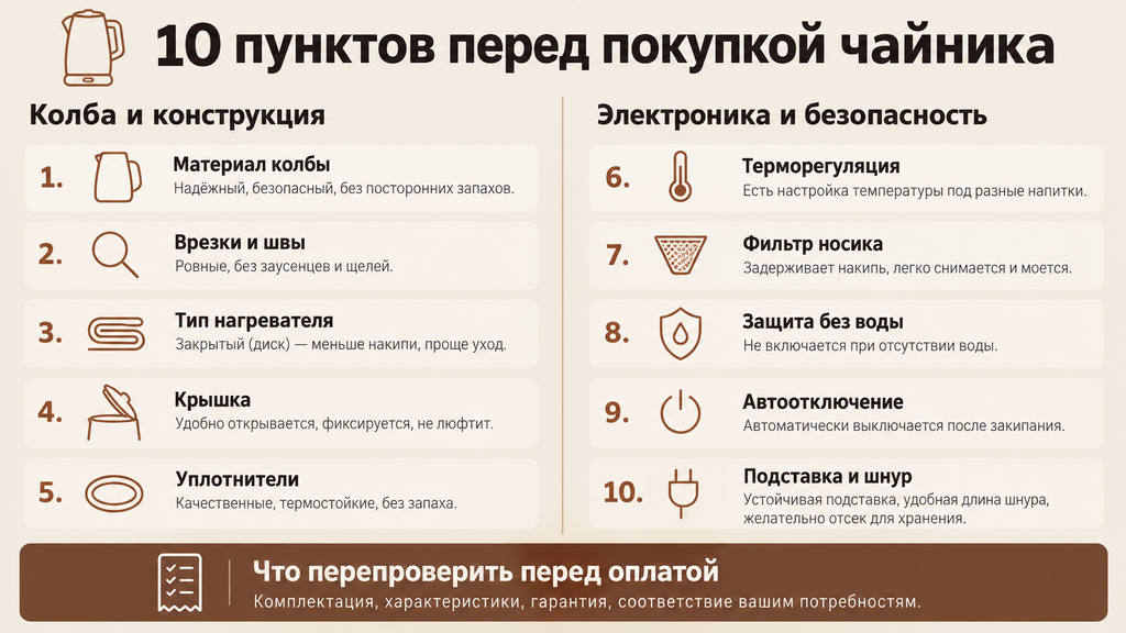 Чек-лист 10 пунктов перед покупкой чайника с пиктограммами проверки конструкции электроники и безопасности