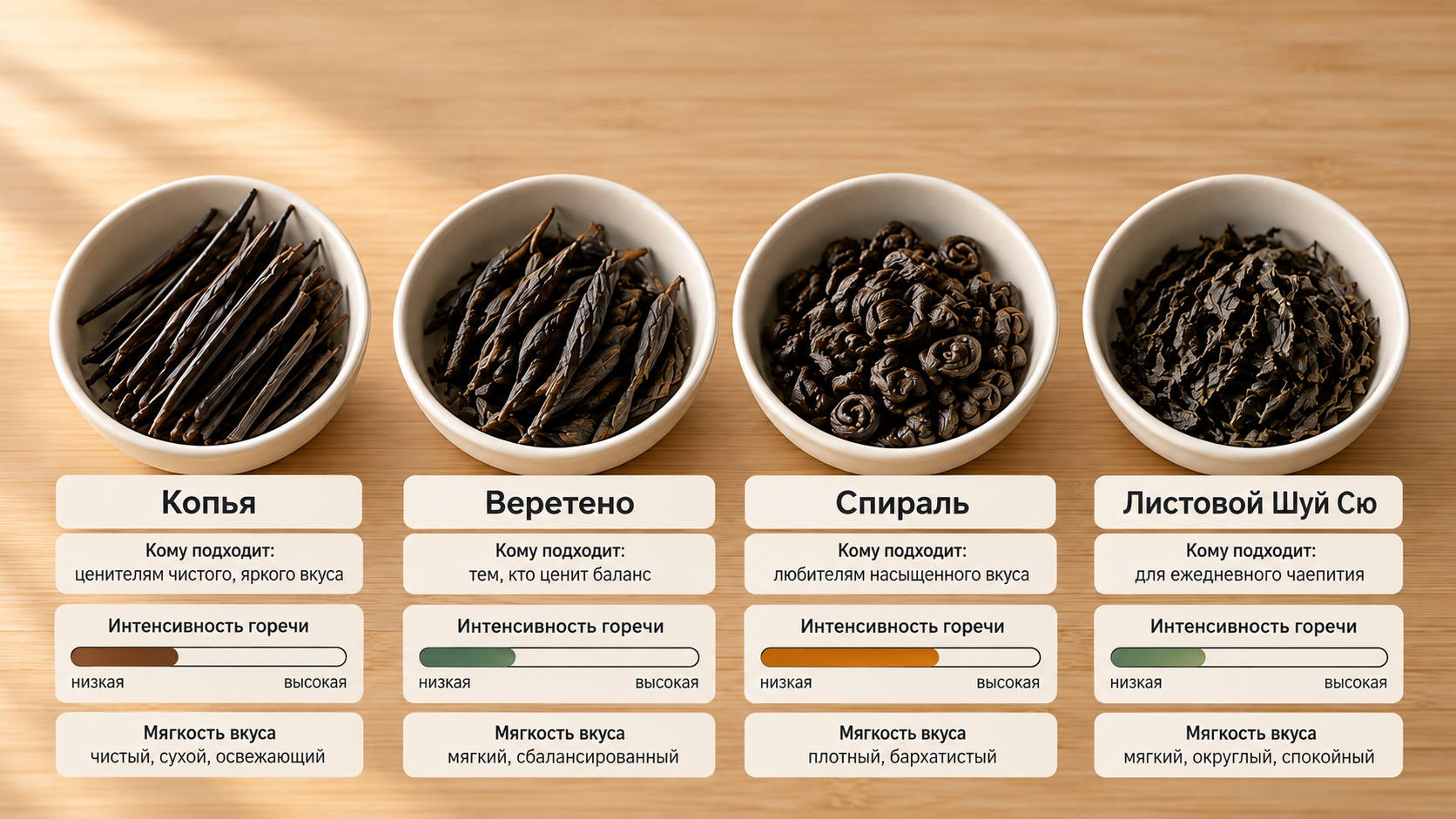 Сравнение форм чая кудин: иглы, веретено, спираль и листовой Шуи Сю со шкалой интенсивности горечи и рекомендациями по выбору